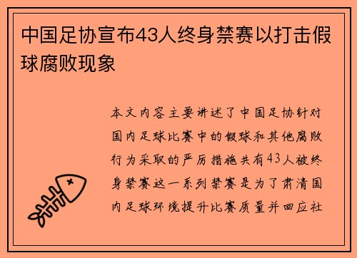 中国足协宣布43人终身禁赛以打击假球腐败现象